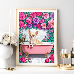 May include: A small chihuahua dog sits in a pink bathtub surrounded by pink and purple roses. The dog is looking at the camera with a curious expression.