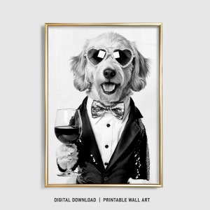 ゴールデンドゥードルのウォールアート、ワインを飲むゴールデンドゥードルのプリント、タキシードを着た犬、面白い犬のギフト、バーカート、カクテルポスター、印刷可能、デジタル