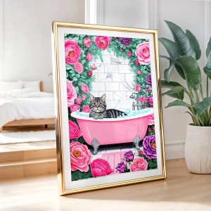Tabby Cat in Bathtub Wall Art, Funny Bathroom Art, Grey Tabby Cat Print, Pink Bathroom Print, Cat Lover Gift, Tabby Cat Owner Gift, PRINT