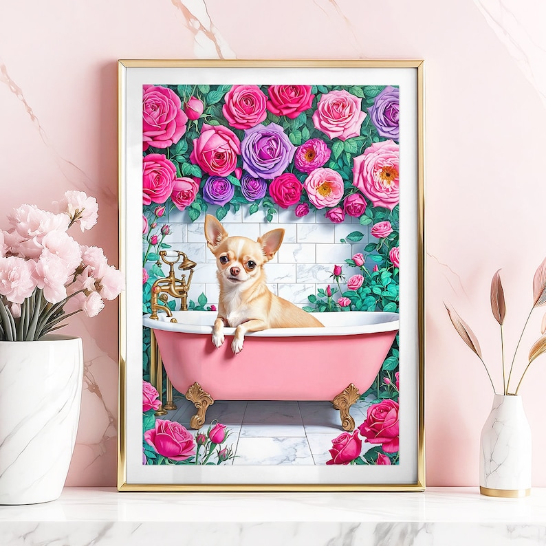 May include: A small, light brown chihuahua dog sits in a pink bathtub surrounded by pink and purple roses. The dog is looking at the camera.