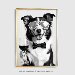 ボーダーコリーの壁アート、ボーダーコリーがワインを飲むプリント、ボーダーコリーのポスター、面白い犬のギフト、ボーダーコリーのギフト、バーカート、デジタル