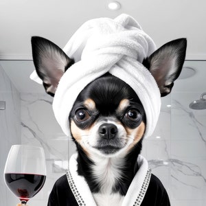 May include: A Chihuahua wearing a white towel on its head and a black robe with silver trim, holding a glass of red wine. The dog has black and tan fur and is in a bathroom setting.