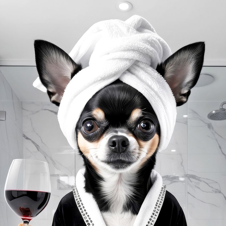 May include: A Chihuahua wearing a white towel on its head and a black robe with silver trim, holding a glass of red wine. The dog has black and tan fur and is in a bathroom setting.