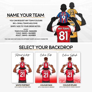 Pu&ograve; includere: Immagine che promuove magliette personalizzate per squadre con il testo "NAME YOUR TEAM". L'immagine mostra una persona che porta un bambino sulle spalle, entrambi indossano magliette. Opzioni per gli sfondi: bianco strutturato, sfumatura di colore e spruzzo di colore.
