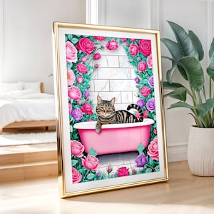 Tabby Cat in Bathtub Wall Art, Funny Bathroom Art, Tabby Cat Print, Pink Bathroom Print, Cat Lover Gift, Tabby Cat Owner Gift, PRINT
