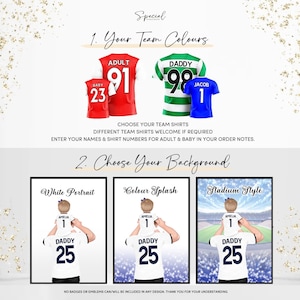 May include: A digital illustration showing three different styles of personalized father and child football jerseys. The first style is a white portrait with a father and child wearing white jerseys with the text "Amelia 1" and "Daddy 25". The second style is a color splash with a father and child wearing white jerseys with the text "Amelia 1" and "Daddy 25". The third style is a stadium style with a father and child wearing white jerseys with the text "Amelia 1" and "Daddy 25".