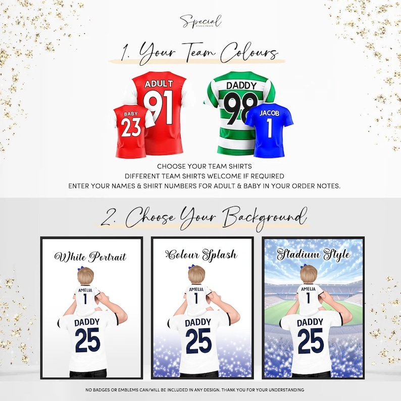 May include: A digital illustration showing three different styles of personalized father and child football jerseys. The first style is a white portrait with a father and child wearing white jerseys with the text "Amelia 1" and "Daddy 25". The second style is a color splash with a father and child wearing white jerseys with the text "Amelia 1" and "Daddy 25". The third style is a stadium style with a father and child wearing white jerseys with the text "Amelia 1" and "Daddy 25".