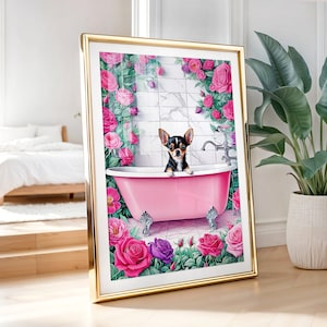 Chihuahua in Bathtub Wall Art, Funny Bathroom Art, Chihuahua Toilet Art, Pink Preppy Bathroom Print, Chihuahua Poster, Chihuahua Gift, PRINT
