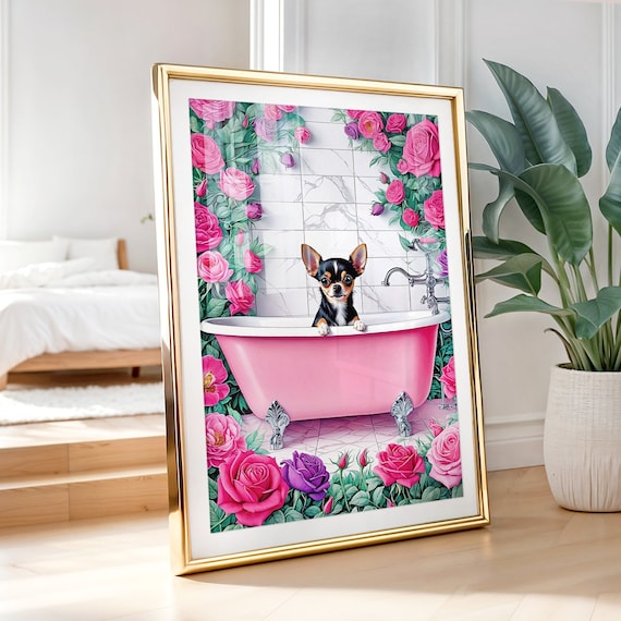 Chihuahua in Bathtub Wall Art, Funny Bathroom Art, Chihuahua Toilet Art, Pink Preppy Bathroom Print, Chihuahua Poster, Chihuahua Gift, PRINT