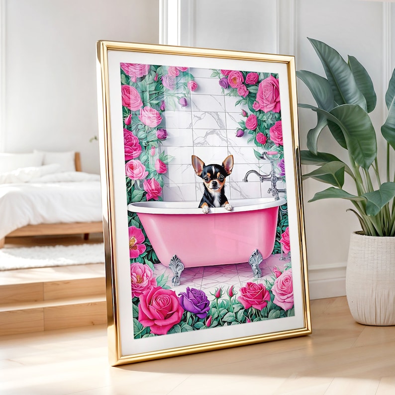 May include: Framed artwork featuring a Chihuahua dog in a pink bathtub, surrounded by pink and purple roses. The dog is black and brown. The artwork is in a gold frame and set against a white tile background.