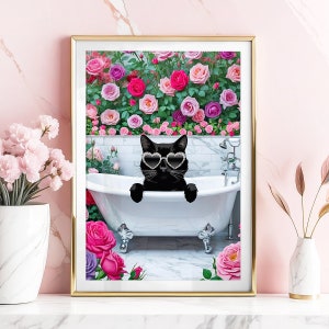 Impresión de gato de baño, arte divertido de la pared del baño, impresión de inodoro de gato negro, impresión de inodoro rosa, regalo de amante de los gatos, cartel de gato negro, enmarcado, IMPRESIÓN