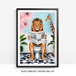 Lion Wall Art, Lion on Toilet, Lion Poster, Funny Bathroom Decor, Lion Print, Kids Bathroom Art, Animal on Toilet, Printable, DIGITAL
