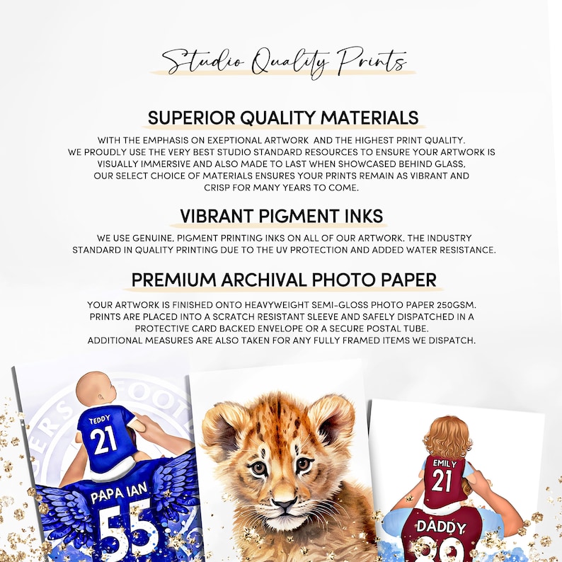 May include: Two digital art prints featuring a lion cub and a child wearing a soccer jersey. The lion cub is brown and white with a pink nose. The child is wearing a blue soccer jersey with the number 21 and the text "Teddy" on the back. The text "Papa Ian" and the number 55 are on the front of the jersey. The second print features a child wearing a red soccer jersey with the number 21 and the text "Emily" on the back. The text "Daddy" and the number 89 are on the front of the jersey.