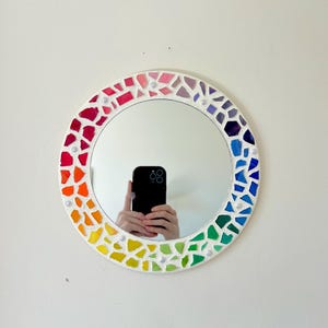 Round Rainbow Accent Mirror, Colorful Retro Decor Wall Art, Small Decorative Mirror, Pride Home Decor, Funky Mosaic Tile Mirror, Iridescent