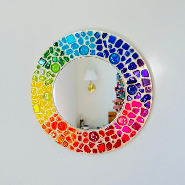 Round Rainbow Accent Mirror - Colorful Retro Decor Wall Art Decorative Mirror - Gay Pride Home Decor - Funky Mosaic Tile Mirror Art Sparkly