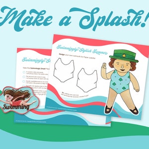 May include: A printable paper doll of a girl wearing a green hat and a blue swimsuit with white flowers. The paper doll is ready to be cut out and played with. The image also includes a printable swimsuit template and a pledge to be a safe swimmer.