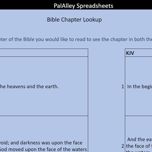 May include: A screenshot of a computer screen showing a Bible chapter lookup tool. The tool allows users to type in the book and chapter of the Bible they want to read and then displays the chapter in both the ASV and KJV versions. The screenshot shows the first two verses of Genesis 1 in both versions.