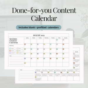 Op de afbeelding: Een witte maandelijkse contentkalender voor augustus 2025, met een rasterindeling en kleurgecodeerde contenttypen. De kalender bevat vooraf ingevulde en lege opties, met de tekst "Done-for-you Content Calendar" bovenaan.