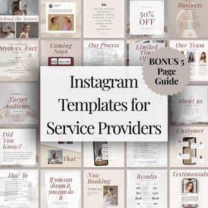 Könnte beinhalten: Eine Sammlung von Instagram-Vorlagen für Dienstleister. Das Design zeichnet sich durch eine neutrale Farbpalette mit verschiedenen Layouts für Inhalte aus, darunter "Coming Soon", "Results" und "Testimonials". Der Text lautet "Instagram Templates for Service Providers."