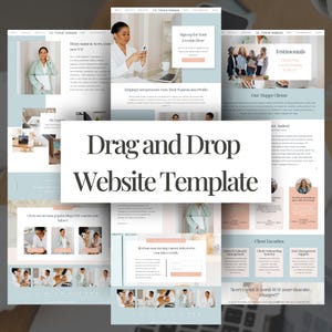 May include: A website template design with a light blue and peach color scheme. The text "Drag and Drop Website Template" is prominently displayed. Several screenshots showcase the template's features, including testimonials and client favorites.
