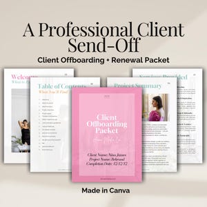 May include: A professional client send-off packet with a pink cover, featuring the text "Client Offboarding Packet." The packet includes a table of contents, project summary, and service details. The design is clean and modern.