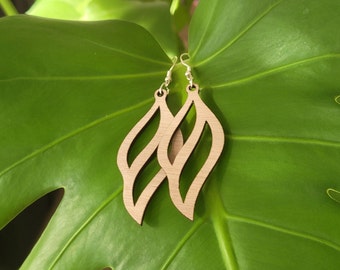 Leaf/feather shaped wooden earrings, laser cut, wooden jewelry