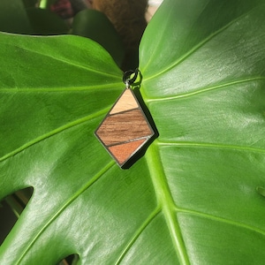 Necklace with diamond-shaped wooden and stainless steel pendant, wooden jewelry