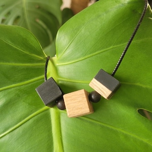 Necklace with wooden cubes and black epoxy resin and ebony beads, wooden jewelry