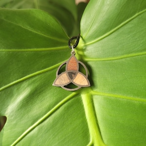 Necklace with wooden and stainless steel pendant in the shape of Triqueta or Triquetra, wooden jewelry