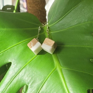 Dangling earrings with wooden cube and white epoxy resin, wooden jewelry