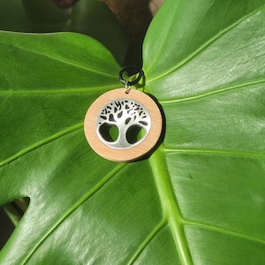 Necklace with wooden and stainless steel pendant in the shape of a tree of life, wooden jewelry