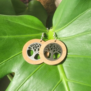 Wooden and stainless steel earrings in the shape of a tree of life, wooden jewelry