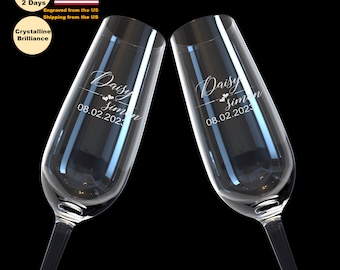 Copas de champán personalizadas para novios (juego de 2) - 7 oz. Regalos de boda personalizados para parejas - Copas de boda con 6 diseños