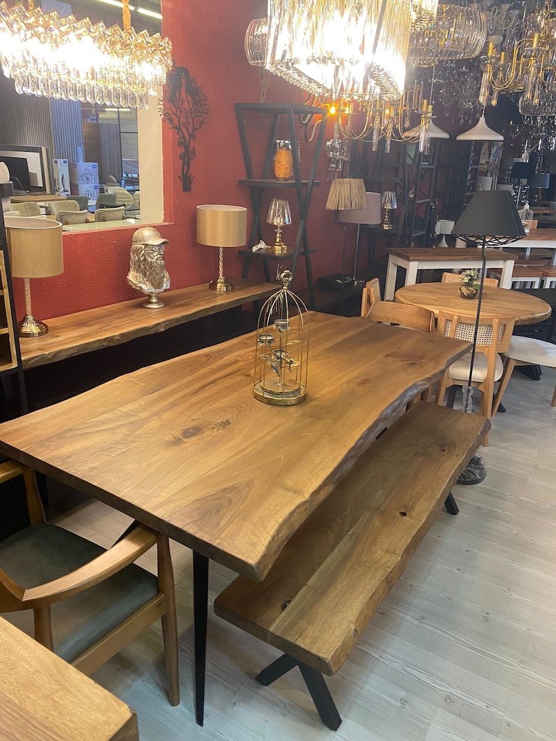 Walnut Dining Table , Handmade Solid Wood Table With Metal Legs, Mid