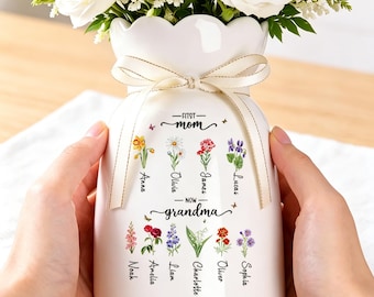 Personalisierte Geburt Blumen Gartenvase für Oma, Nana, Mimi, erste Mutter jetzt Oma Geschenk