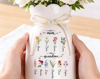 First Mom Now Grandma Ceramic Vase, Custom Birth Flower Garden Vase with Kids Names, Personalized Gift for Nana Mimi, Mother's Day Gift