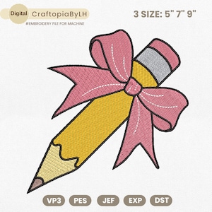 Pencil Bow Embroidery Design, Teacher Pencil Embroidery Machine File, Back to School Embroidery File, Coquette Pink Pencil Embroidery File