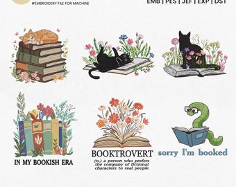 May include: A digital embroidery file bundle featuring six designs: a cat on books, a cat with flowers on a book, a cat sitting on a book, a row of books with plants, an open book with flowers and text, and a bookworm with the text sorry I'm booked.