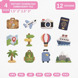 May include: A set of 12 travel-themed embroidery designs including a suitcase, airplane, camera, passport, map, signpost, hot air balloon, cruise ship, palm tree, backpack, rolling luggage, and mountains, available in 1.5, 2, 2.5, and 3 inch sizes.