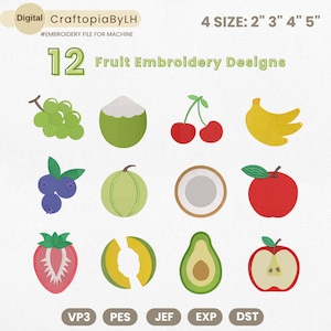 Fruit Icon Embroidery Bundle, Mini Fruits Machine Embroidery Files, Fruits Embroidery Design, Summer Embroidery File, Kitchen Embroidery PES
