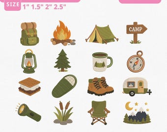 Camping Mini Icons Embroidery Design Bundle Instant Download, Outdoor Machine Embroidery Files, Manual Digitizing