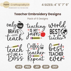 Teacher Embroidery Bundle, Back to School Embroidery Machine File, Teacher Quote File for Machine Embroidery, Teacher Life Embroidery Design