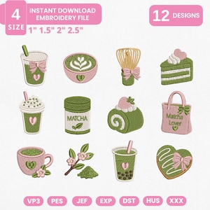 May include: A digital collection of 12 matcha-themed embroidery designs featuring green and pink motifs like lattes, cakes, a whisk, and a tote bag. Text includes '4 SIZE 1" 1.5" 2" 2.5"', 'INSTANT DOWNLOAD EMBROIDERY FILE', '12 DESIGNS', 'MATCHA', 'Matcha Lover', and file formats.