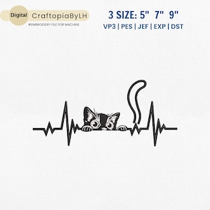 Diseño de bordado de gato con latidos, descarga digital para camisetas, bolsos, carteras y almohadas. Bordado a máquina de gato adorable. Bordado de gato divertido.