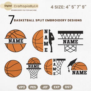 Pode incluir: Designs de bordado digital com temas de basquete. Inclui sete designs divididos com espaço para personalização, bolas de basquete, cestos e um chapéu de formatura. Tamanhos disponíveis: 10 cm, 13 cm, 18 cm e 23 cm. O texto "NAME" está incluído.