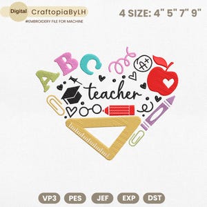 Teacher Embroidery Design, Back to School Embroidery Machine File, Teacher Heart Embroidery File, School Supplies Embroidery Machine File