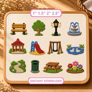 May include: A square embroidery hoop containing twelve park-themed patches including a bench, tree, lamp post, fountain, gazebo, slide, swing set, pond with ducks, path, trash can, picnic table, and flowers. Text reads 1" 1.5" 2" 2.5" and INSTANT DOWNLOAD.