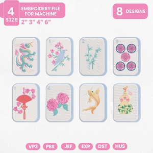 Pode incluir: Um conjunto de arquivos de bordado para m&aacute;quina com 8 designs em 4 tamanhos: 2", 3", 4" e 6". Os designs incluem um drag&atilde;o, um p&aacute;ssaro num ramo, bambu, flores, um leque, um peixe koi e uma caba&ccedil;a. Formatos: VP3, PES, JEF, EXP, DST, HUS.