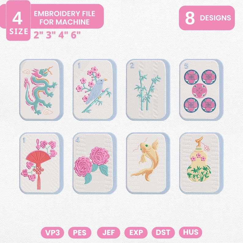 Pode incluir: Um conjunto de arquivos de bordado para m&aacute;quina com 8 designs em 4 tamanhos: 2", 3", 4" e 6". Os designs incluem um drag&atilde;o, um p&aacute;ssaro num ramo, bambu, flores, um leque, um peixe koi e uma caba&ccedil;a. Formatos: VP3, PES, JEF, EXP, DST, HUS.