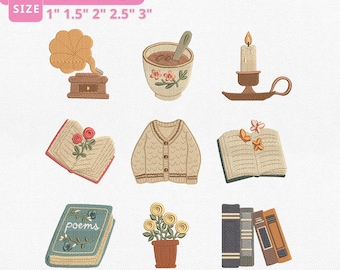 Pacote de Bordados Aconchegante para Amantes de Livros no Outono | Mini Ícones de 1 a 3 Polegadas (PES, DST, JEF, VP3) | Decoração Vintage para Quarto Infantil | Download Instantâneo